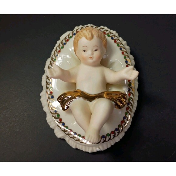 Baby Jesus Mary Joseph Porcelain Nativity 3 Piece Scene White Gold Holiday Decor - Picture 15 of 16
